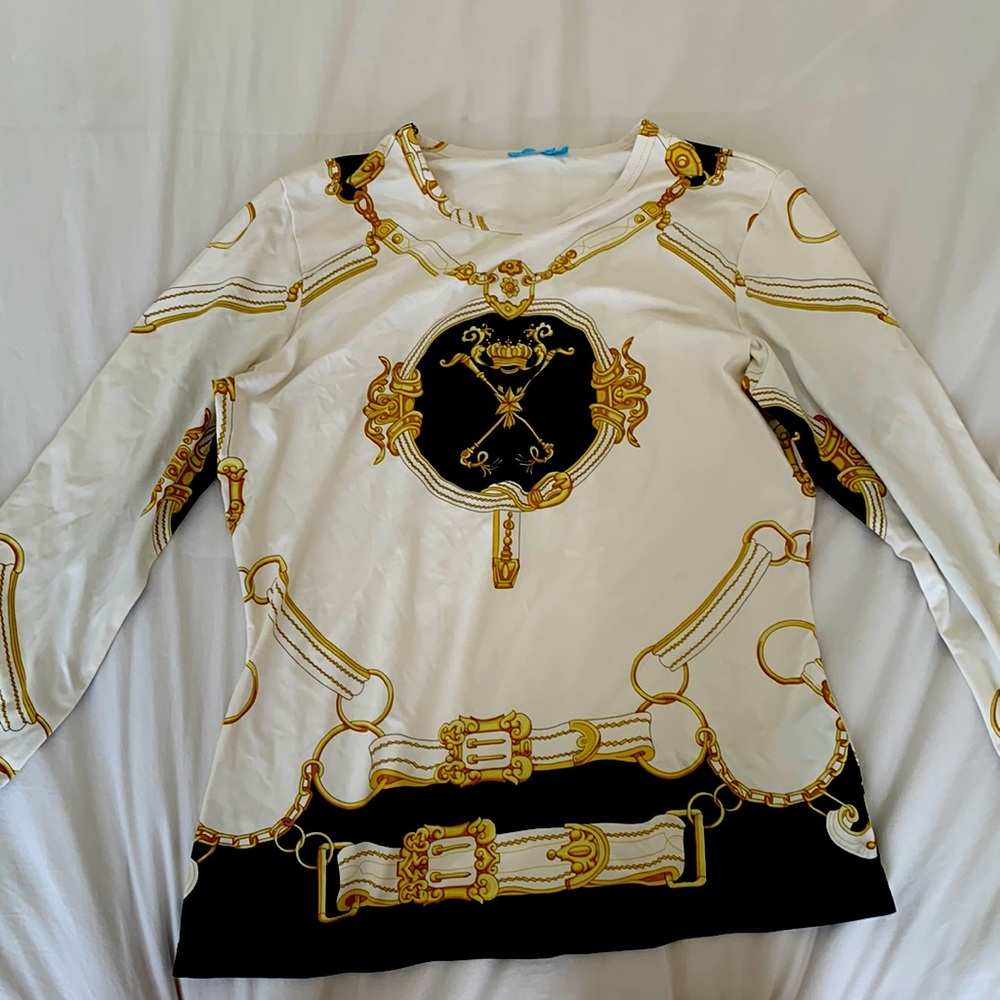 Long sleeved J. McLaughlin white, gold and black shirt